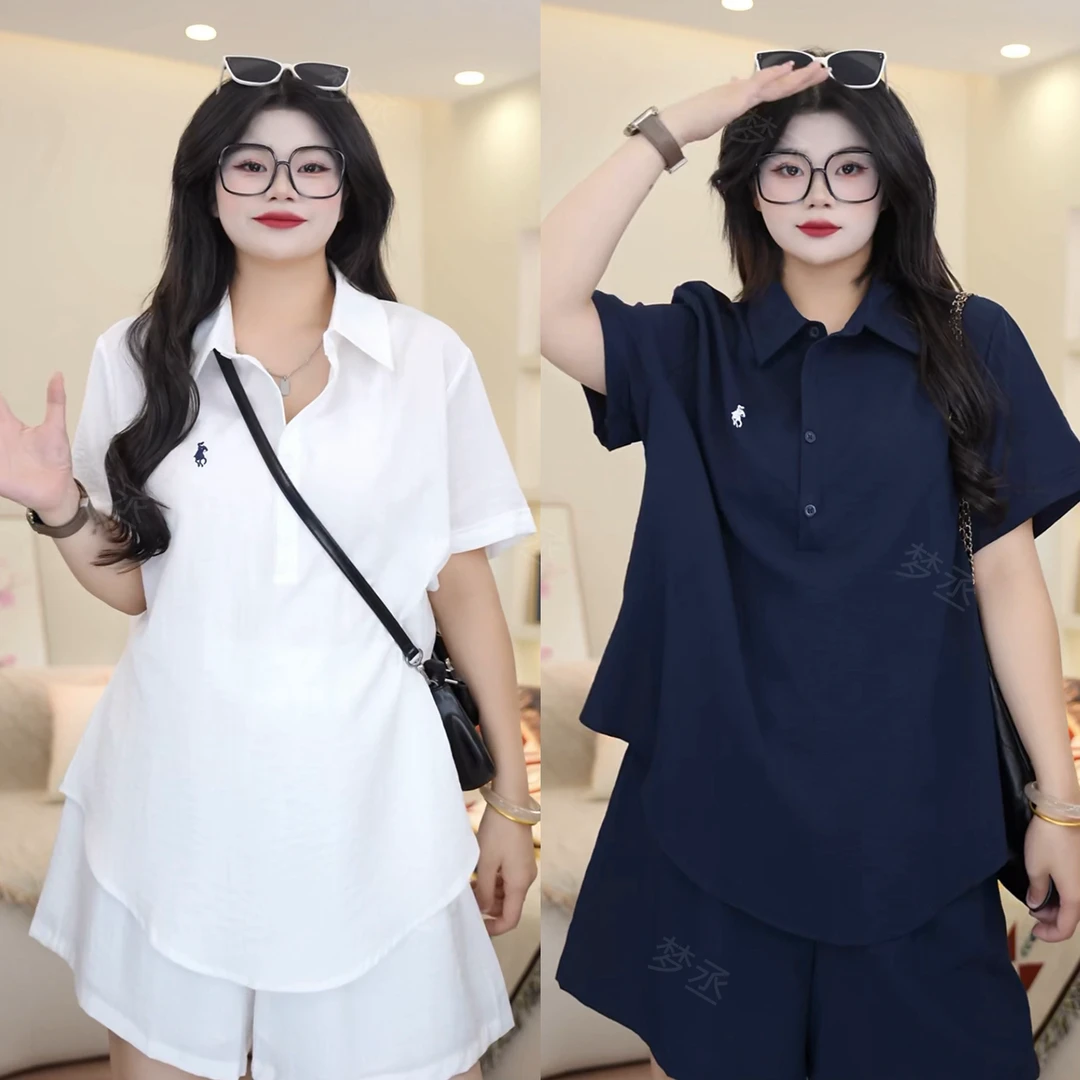 梦丞【氧感漫游】大码女装气质时尚夏季宽松短袖上衣+休闲短裤套装