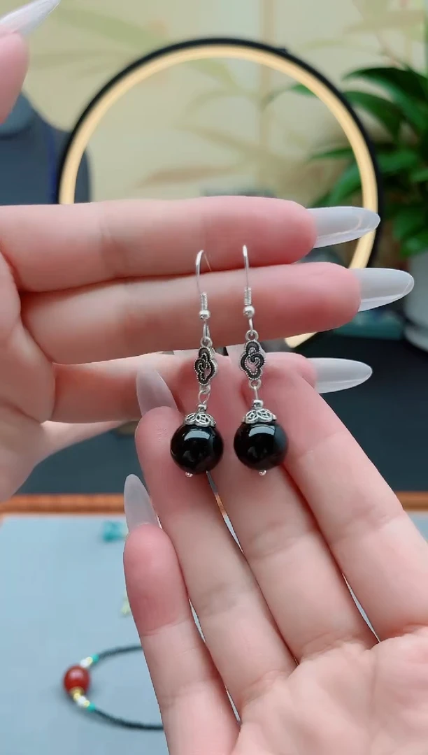黑曜岩银S925镶嵌耳饰207