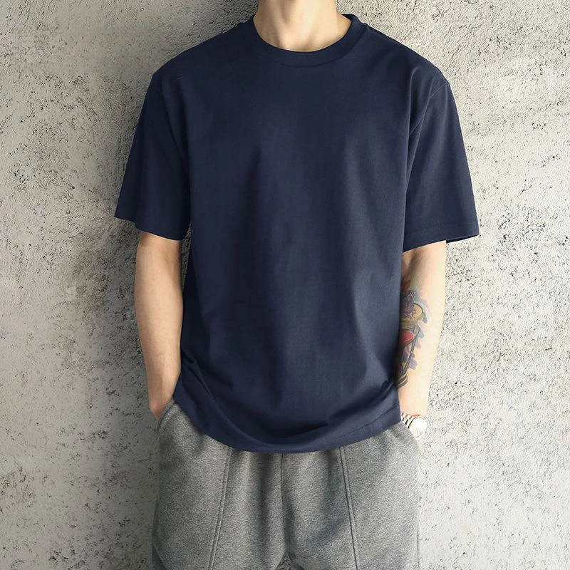 重磅纯棉纯色五分袖男夏季深蓝藏青色半袖打底纯棉圆领宽松落肩袖