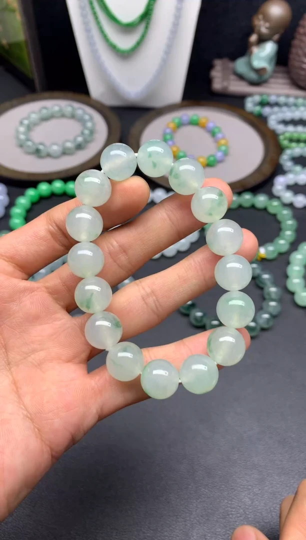 未镶嵌手链翡翠天然缅甸翡翠A货白底青飘绿花手串卡12.8mm