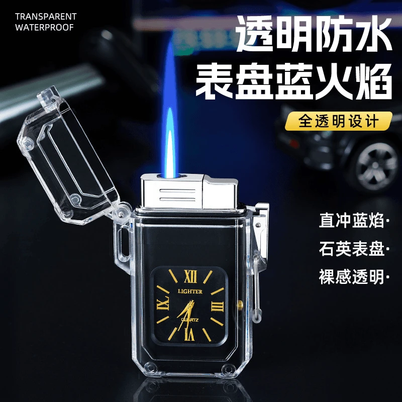 创意原装壳防水直冲打火机自带石英手表复古气体充气打火机高颜值