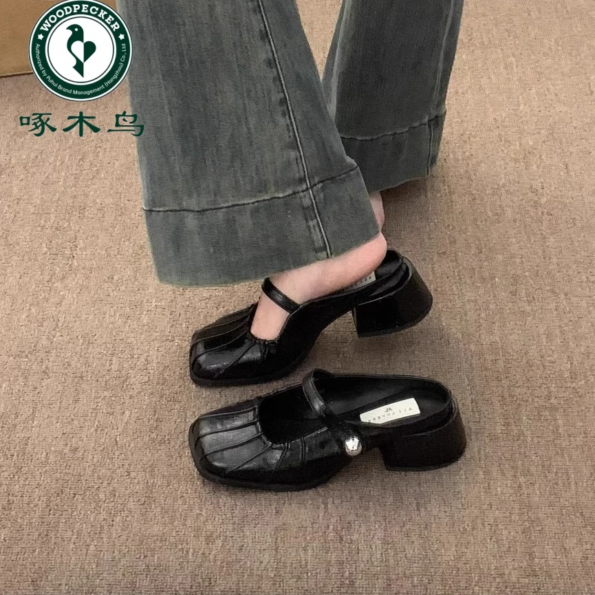 啄木鸟高跟包头半拖鞋女外穿2025春新款粗跟银色玛丽珍单鞋凉拖鞋