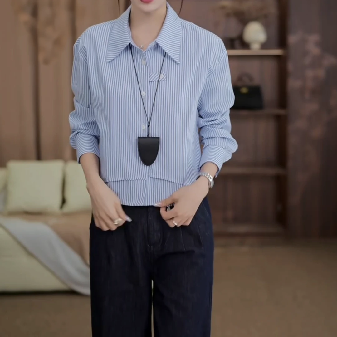 【港岛女神】秋季轻奢气质蓝色条纹长袖衬衫宽松显瘦上衣LK2505792