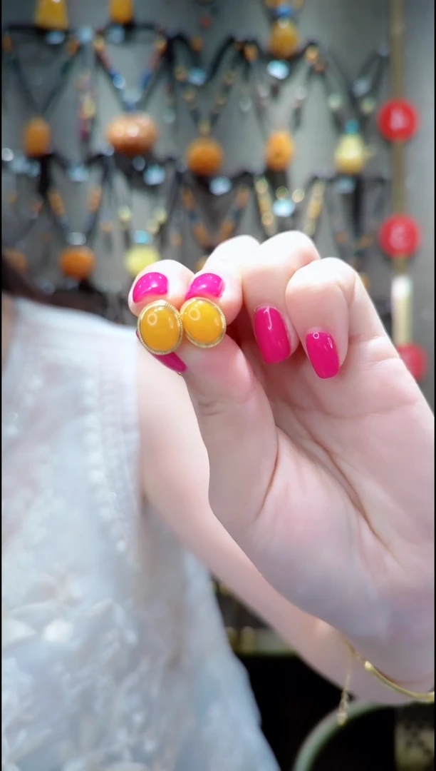 银S925镀金镶嵌蜜蜡耳饰﹣E634蜜蜡耳坠