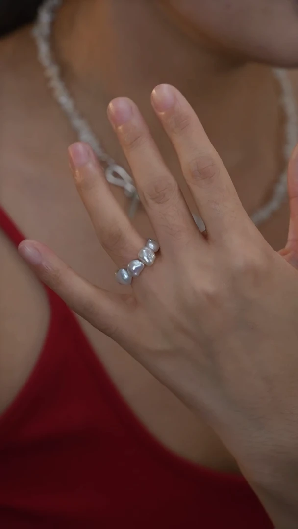 银S925镶嵌淡水珍珠戒指碎银珍珠戒指