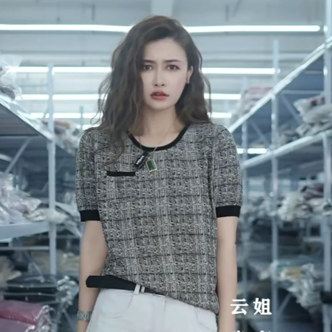 【晴晴精选】夏季新款时尚圆领拼色花纱气质假口袋针织衫A342#