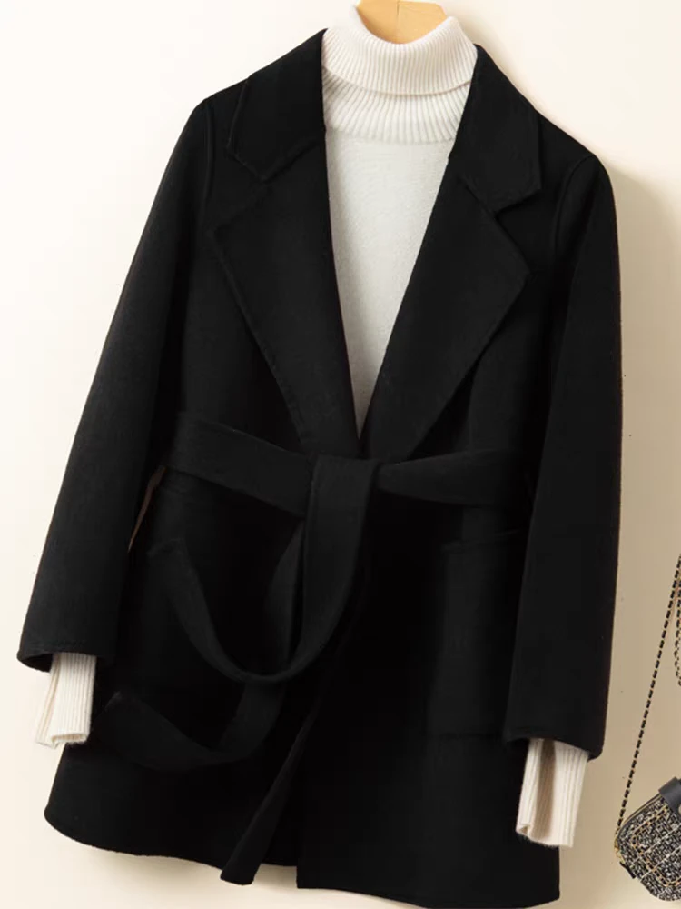 秋冬款西装领双面呢大衣韩版黑色宽松百搭气质保暖外套WT323