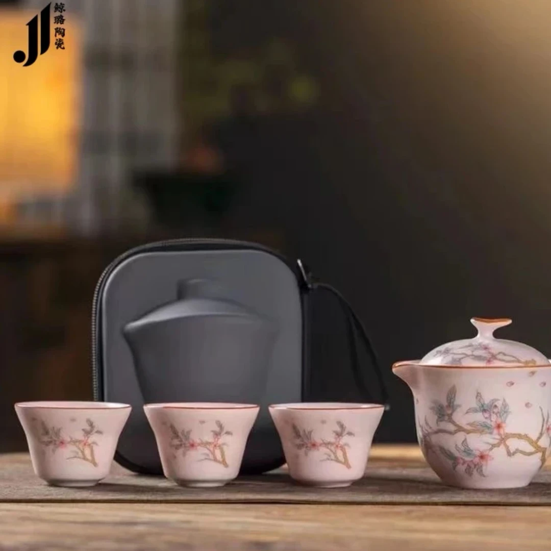 博艺茶具 粉汝快客壶+3杯旅行包【水点桃花】-4642