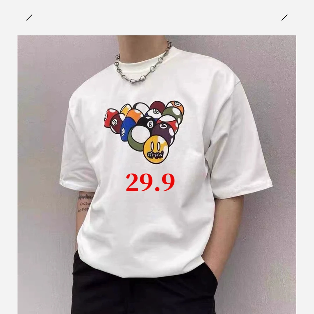 drew see圆领落肩T恤夏季笑脸上衣半袖时尚休闲宽松潮流卡通