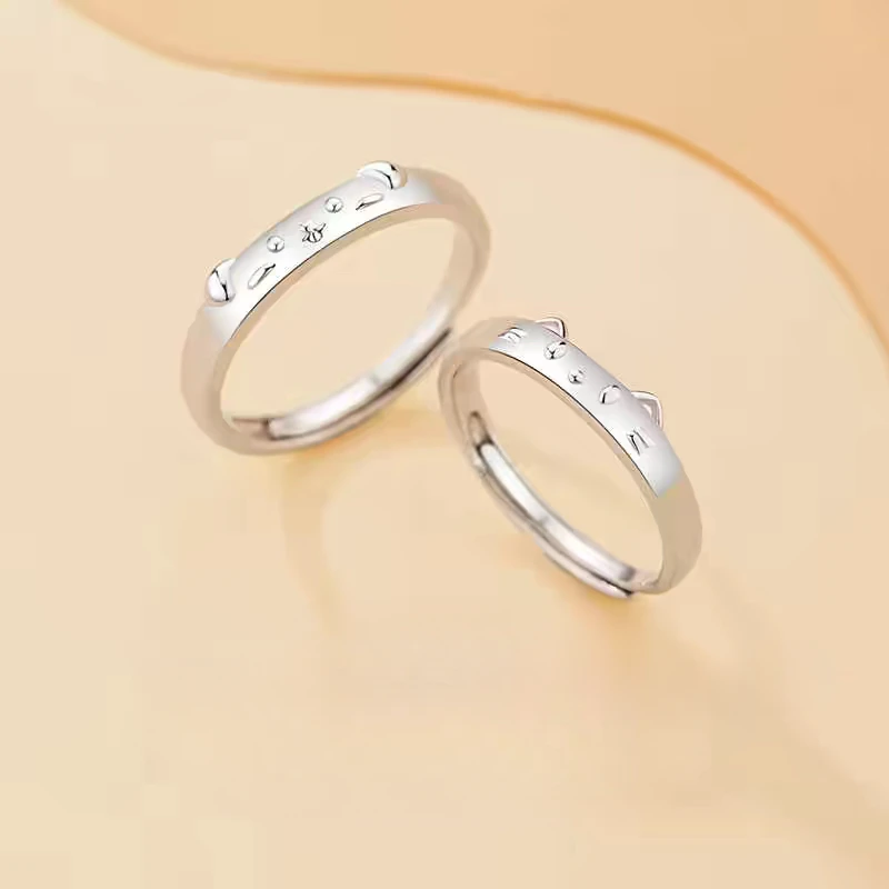 9999银猫狗贴贴情侣可爱一对戒指男女款不掉色ins小众设计可调节