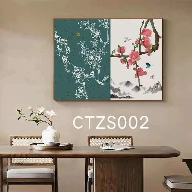 新中式客厅餐厅装饰画山水国画走廊过道吉祥花方形挂画