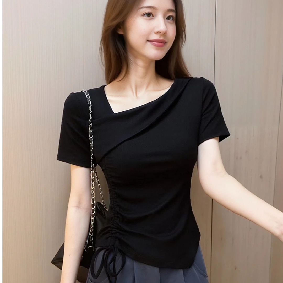 夏季黑色短袖斜肩舒适T恤女不规则内搭领口斜领显瘦新款性感上衣