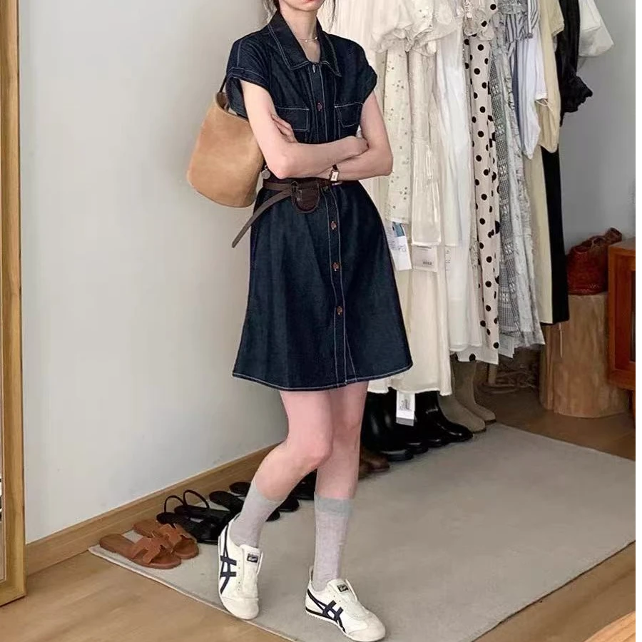 常规薄款百搭无袖长款修身型衬衫气质牛仔A字韩版连衣裙