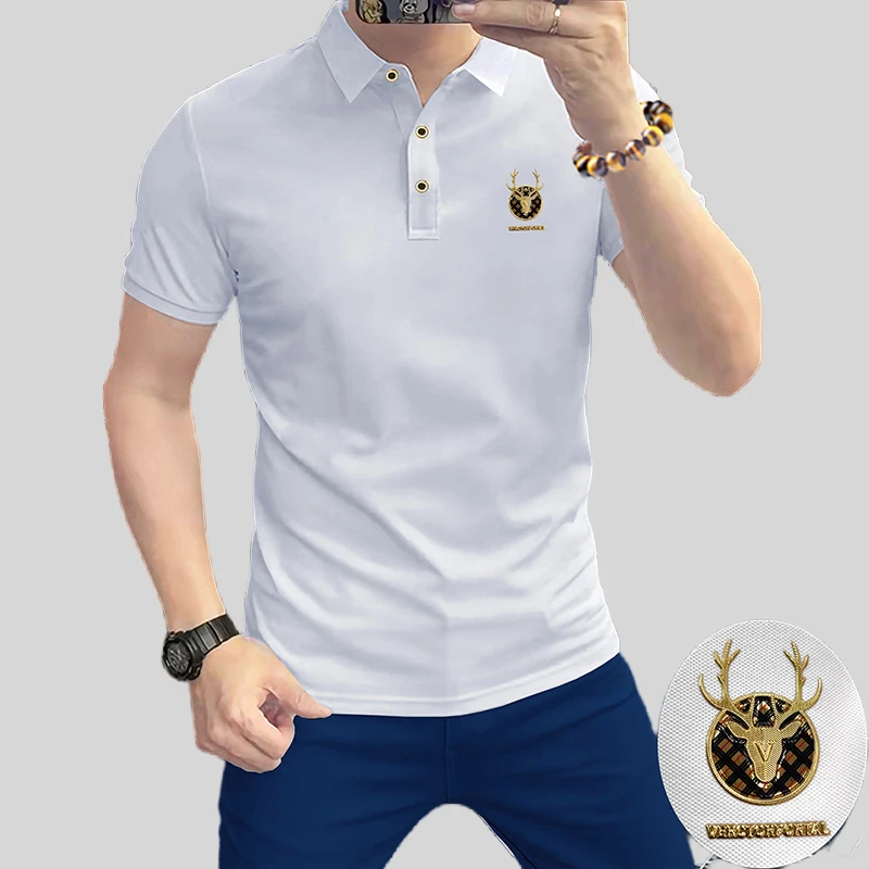 高端短袖Polo衫鹿头夏季男士新款半袖翻领修身休闲上衣珠地棉T恤