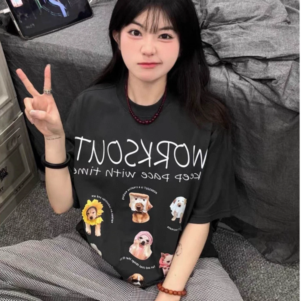 趣味宠物小狗印花复古街头百搭T恤白色纯棉宽松ins韩版卡通短袖