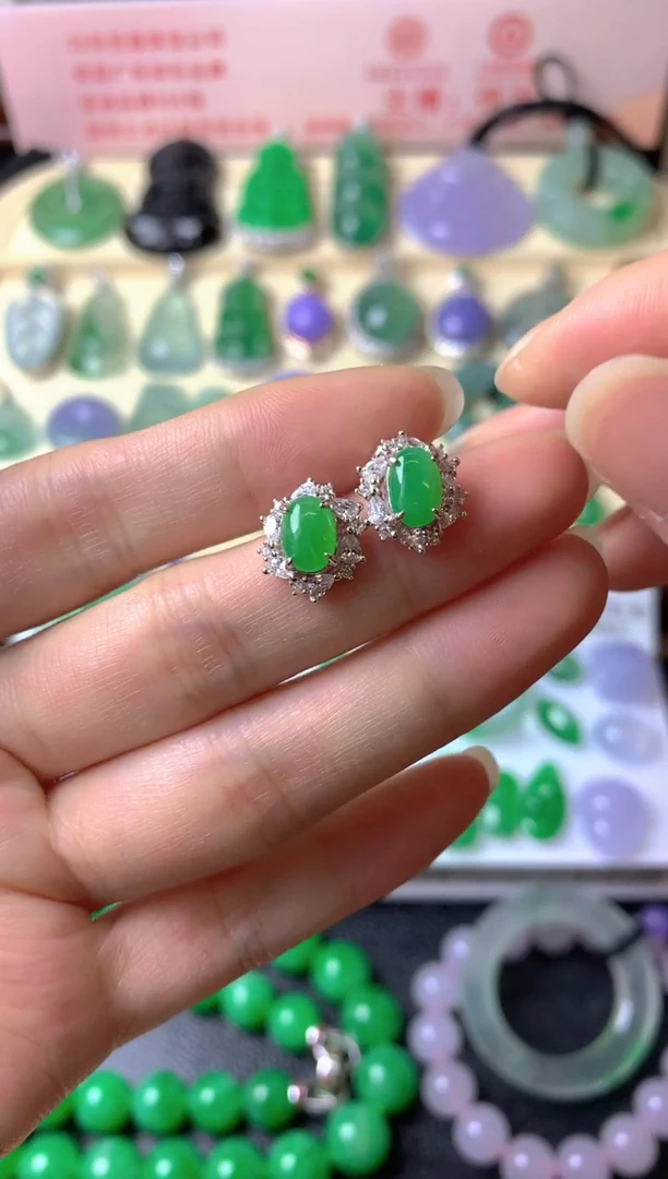 银S925镶嵌翡翠耳饰A**荷耳饰