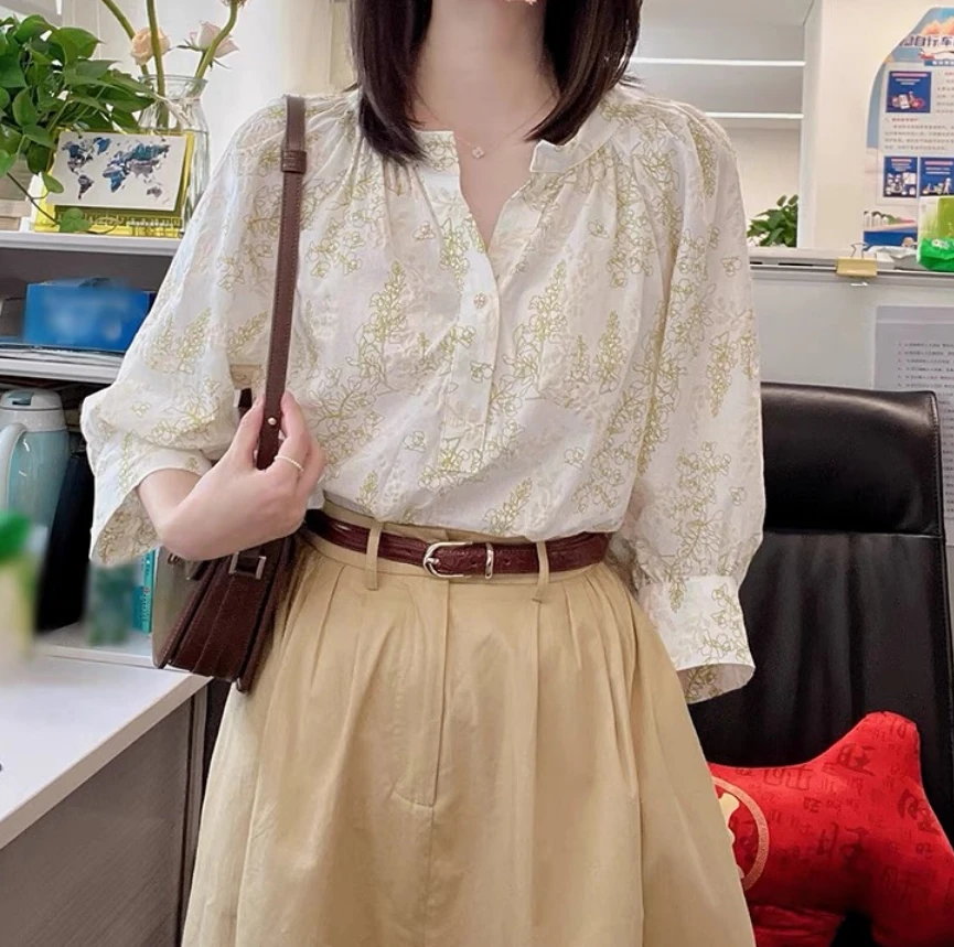 【全额运补】法式复古印花衬衫夏2025松弛感七分袖上衣高级感9530
