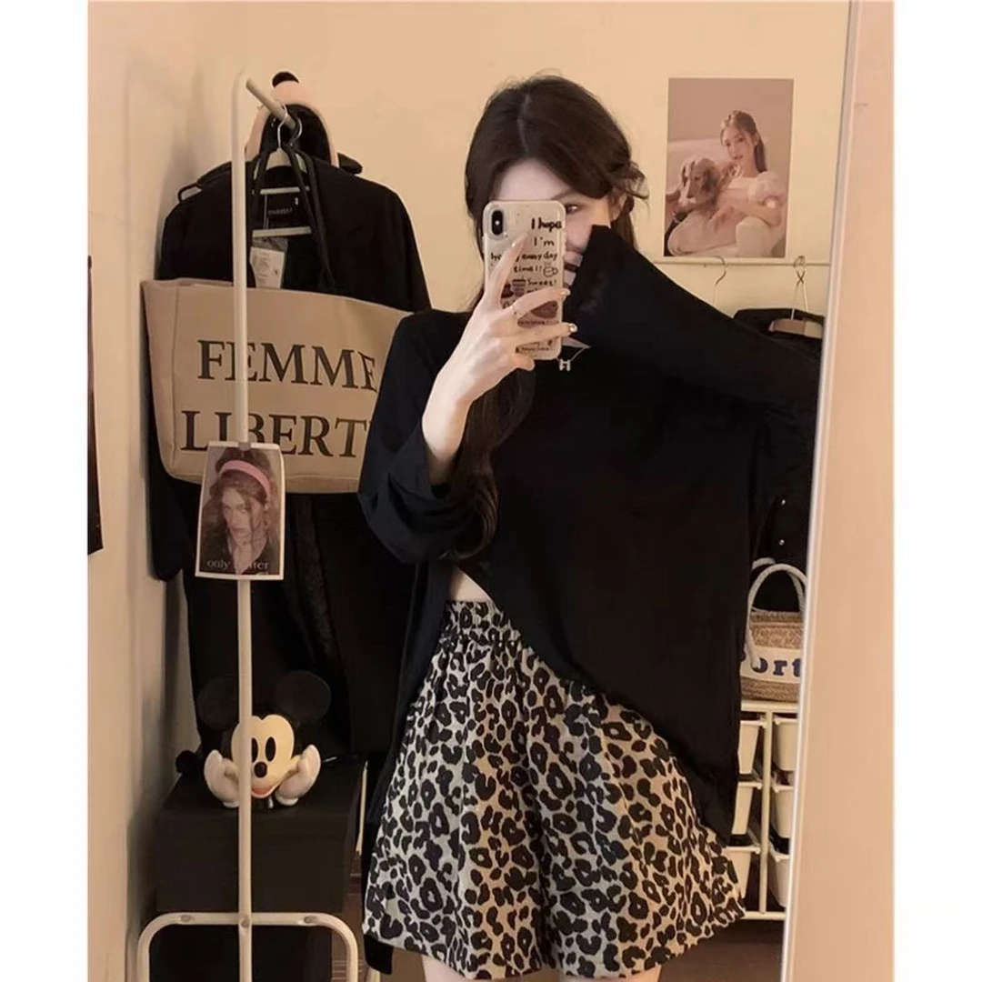 薄款豹纹短裤女夏季新款2025高腰休闲外穿美式运动中裤阔腿五分裤