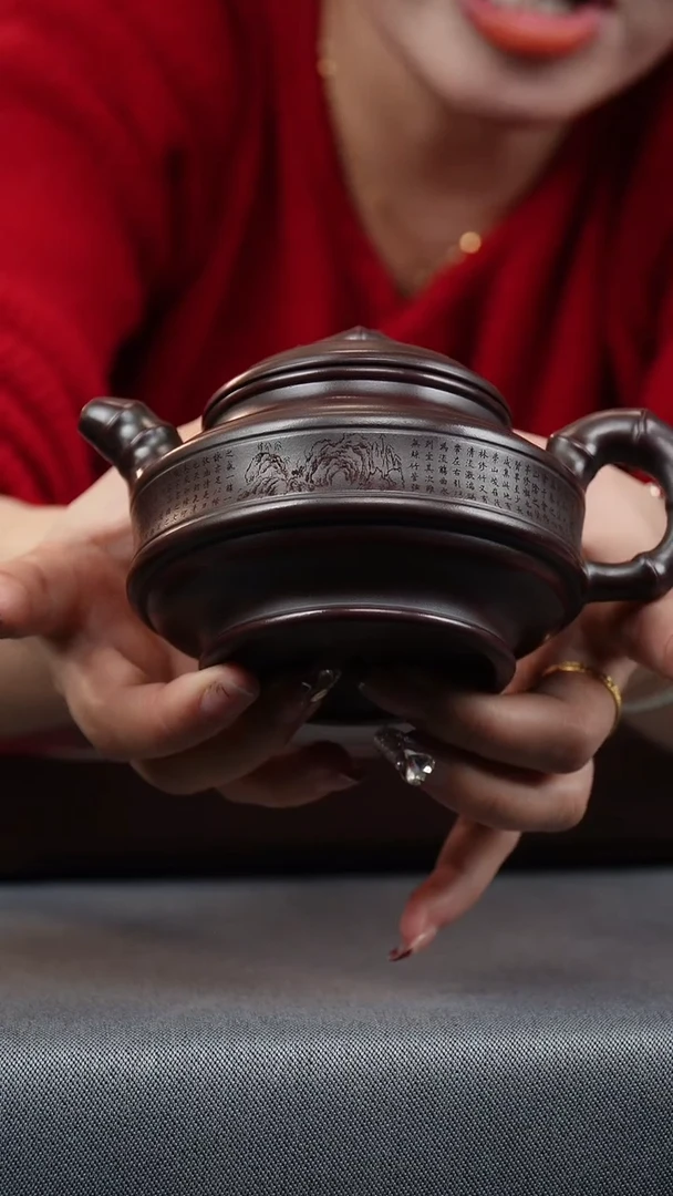 【闪购商品】紫砂茶壶铁血红砂 双线竹鼓 刻绘