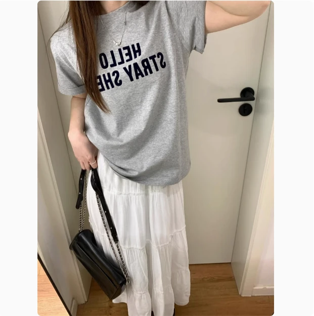 短袖女款爆款2025新款灰色t恤2025夏季新款休闲宽松字母印花上衣