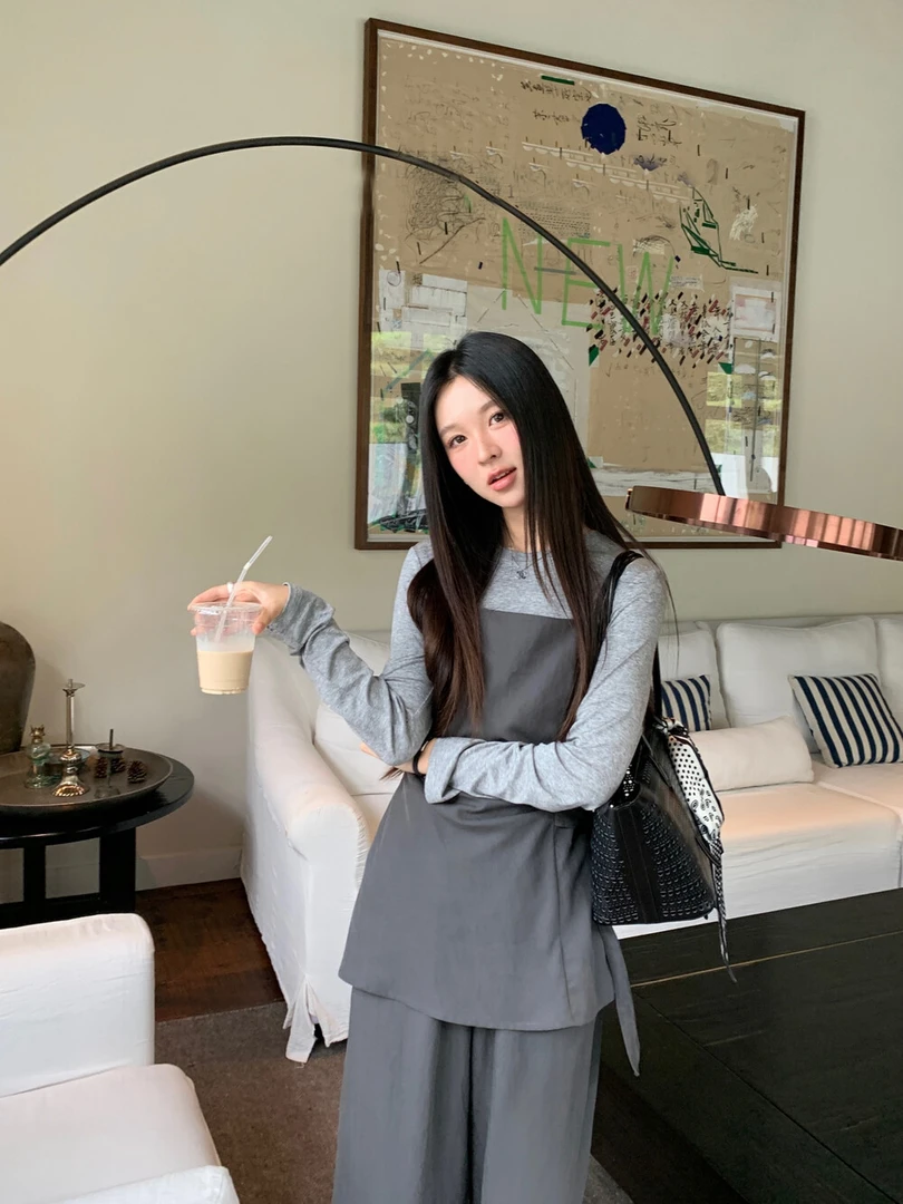 早秋新款绑带吊带+长袖+垂感长裤三件套女收腰吊带百搭显瘦三件套