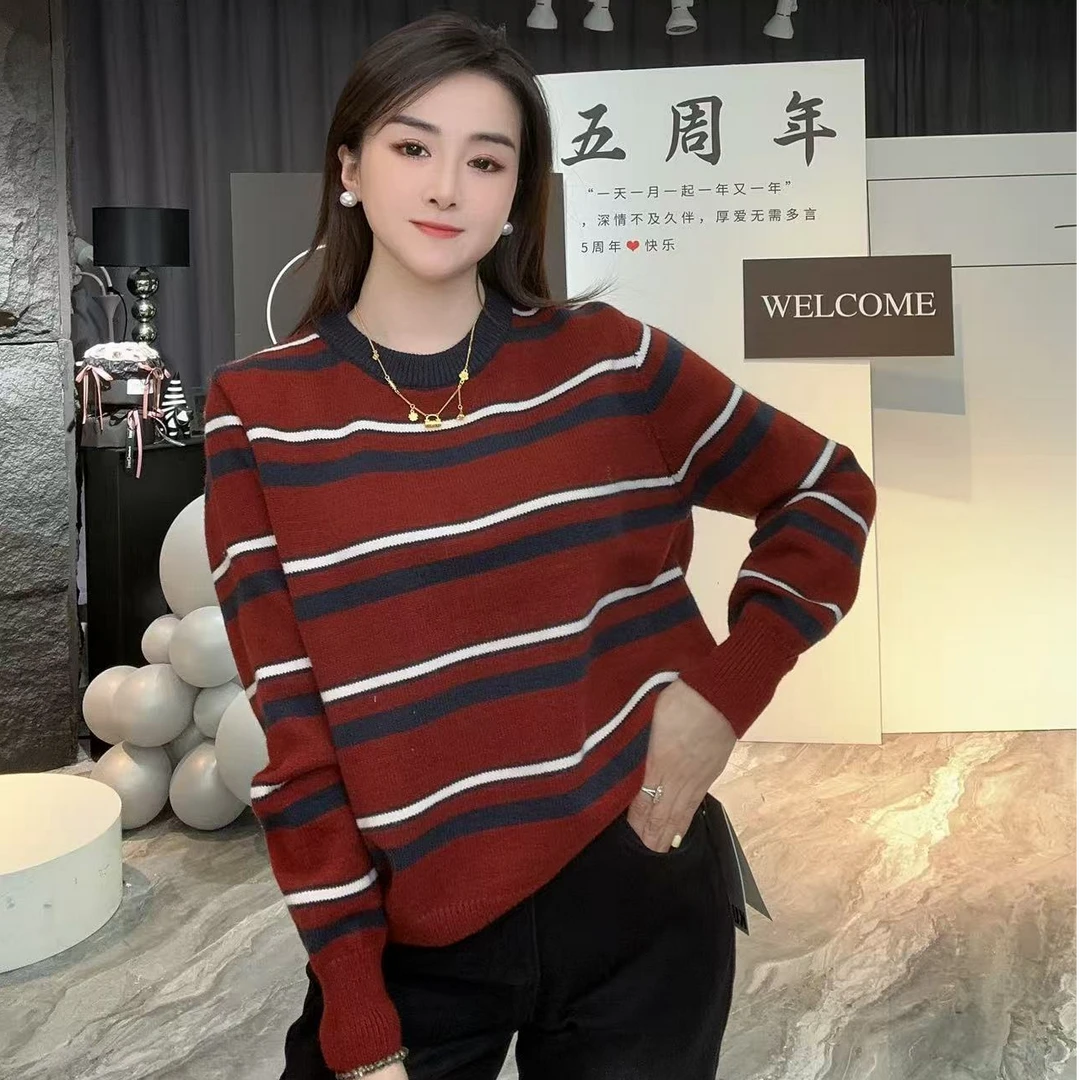 2588秋冬新款潮流韩系穿搭撞色条纹长袖针织衫上衣女