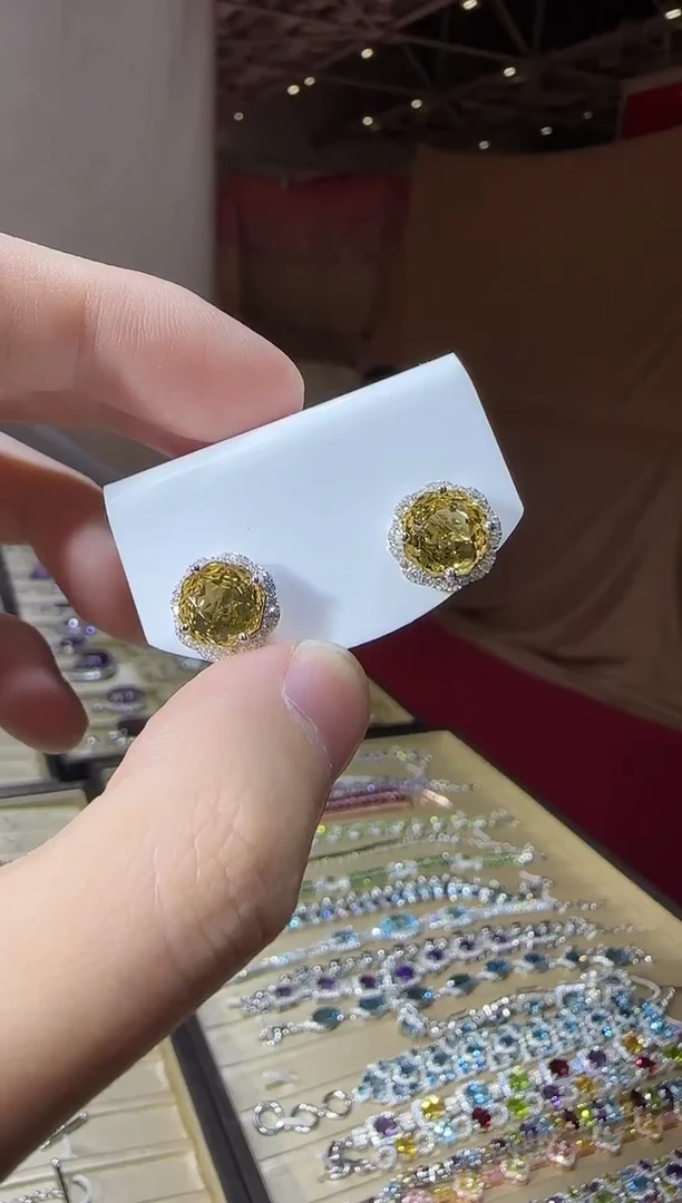 银S925镶嵌耳饰黄晶耳钉玫瑰10mm