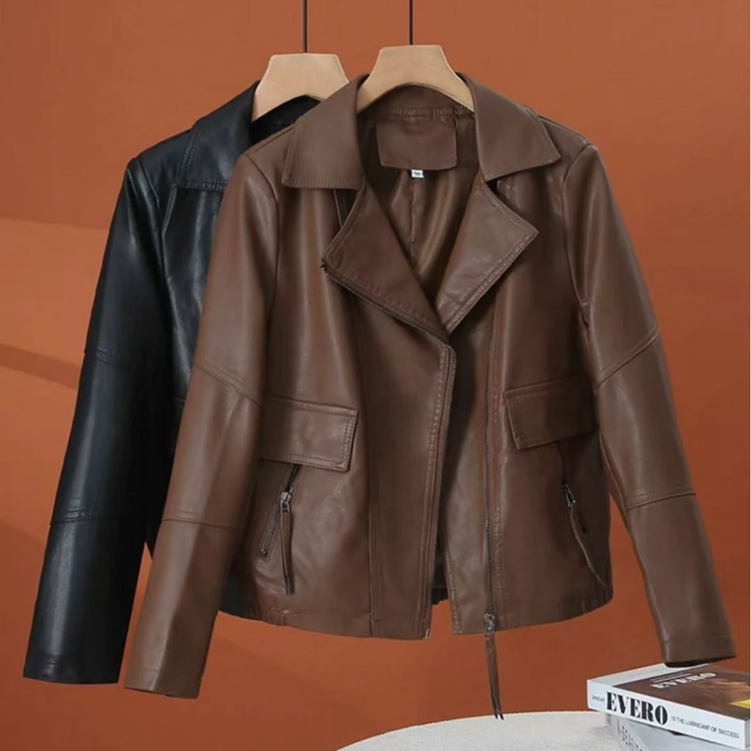 5813短款时尚气质皮衣春秋网红显瘦中长款皮夹克拼接秋季冬季