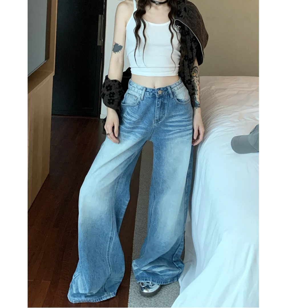 大码胖MM水洗浅蓝色阔腿牛仔裤女夏季美式高腰直筒裤子宽松长裤