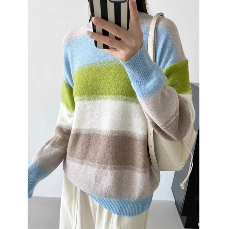 宝丫轻奢  T女式简约撞色条纹圆领针织衫毛衣上衣K867