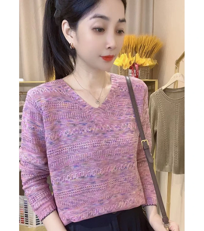 【幻彩星空】花边V领长袖套头衫气质时尚百搭宽松显瘦春季针织上衣