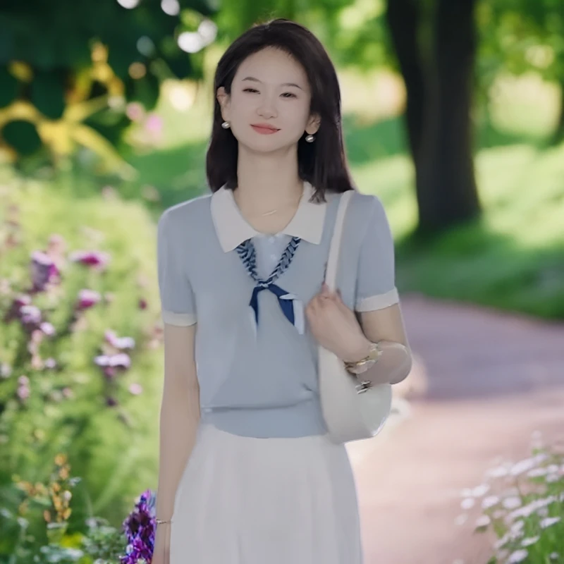 2025撞色翻领冰丝短袖t恤女夏季新款丝带设计款小熊短袖针织上衣