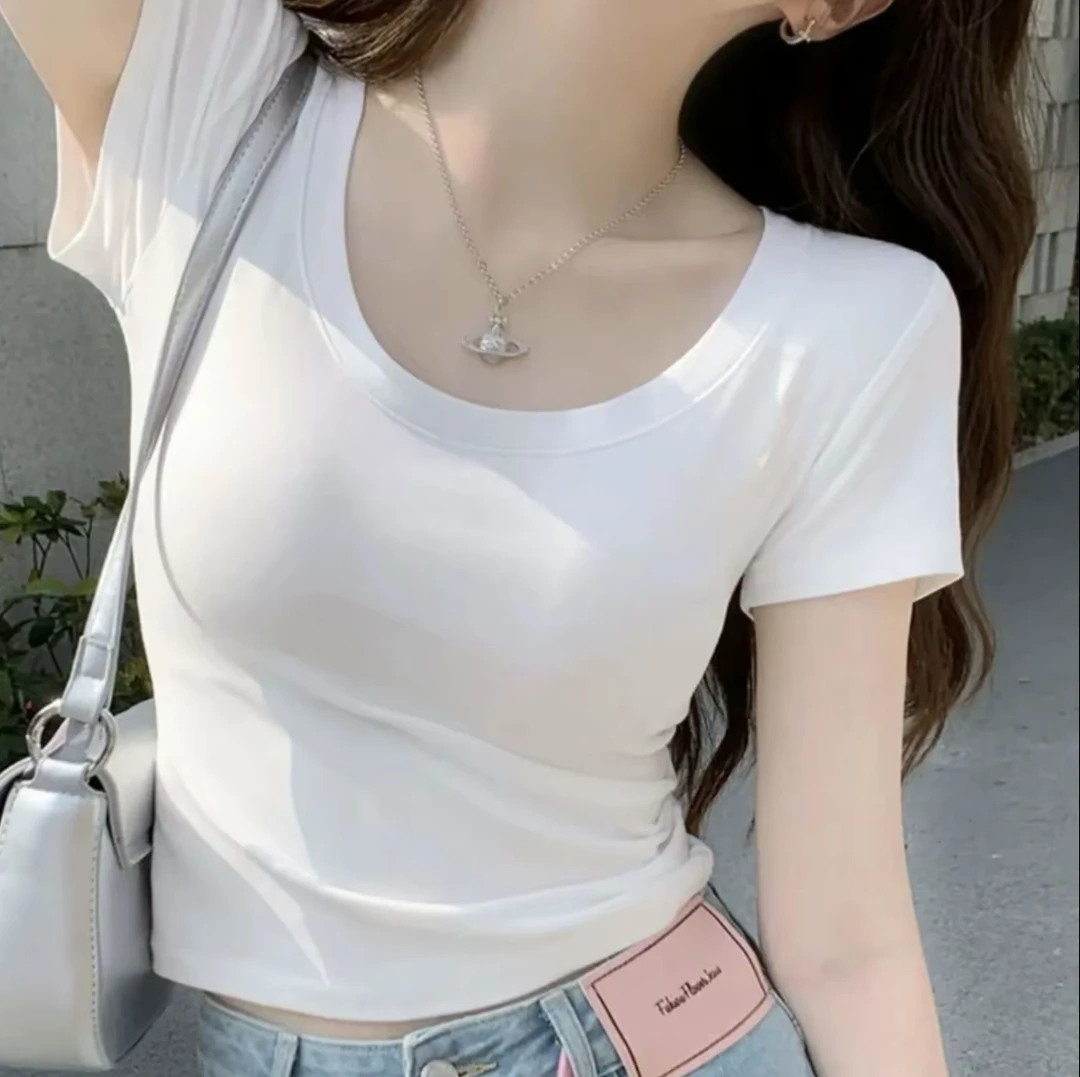 夏季新款短款大U领正肩短袖T恤女修身收腰基础款纯色辣妹穿搭上衣