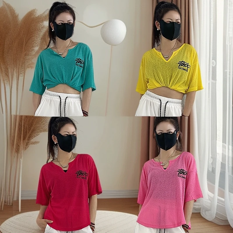 D#3877夏季刺绣竹节冰丝V领短袖T