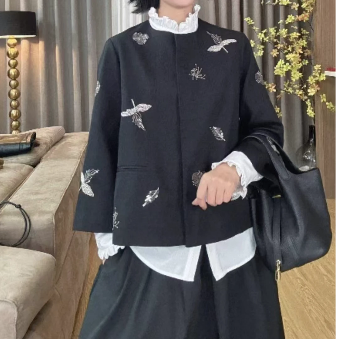 【甜蜜觅】香云纱外套蝴蝶绣花女100桑蚕丝宽松长袖上衣秋