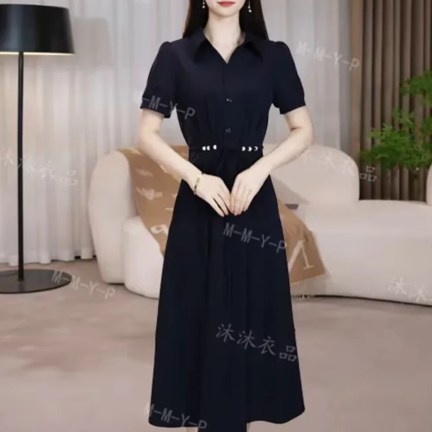 2025夏季爆款简单大方收腰显瘦气质百搭时尚精致女士中长连衣裙子