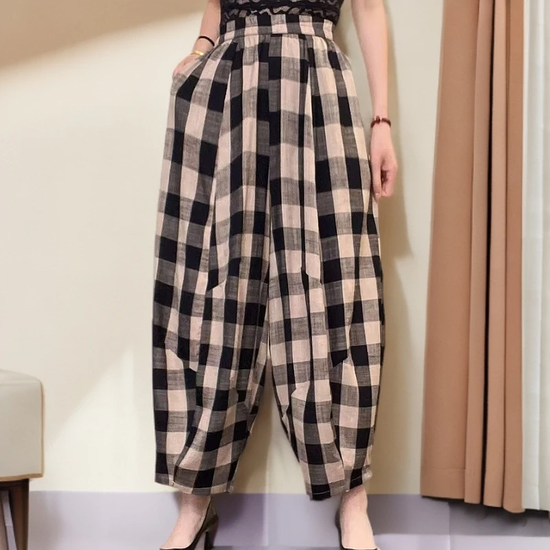 #5092夏季薄款新品双面大格休闲宽松百搭格子裤