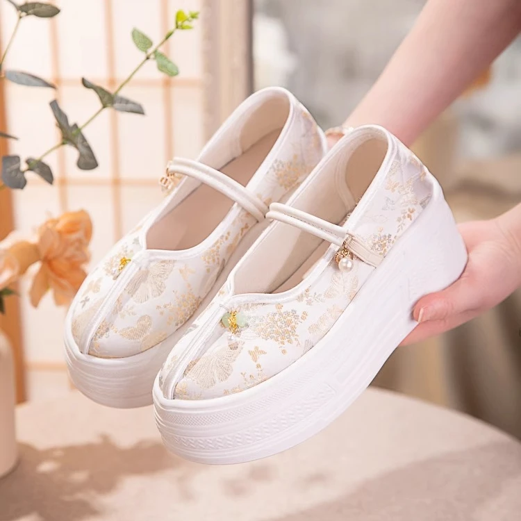 国风新中式鞋子春季增高厚底单鞋软底古风绣花鞋民族风布鞋汉服鞋