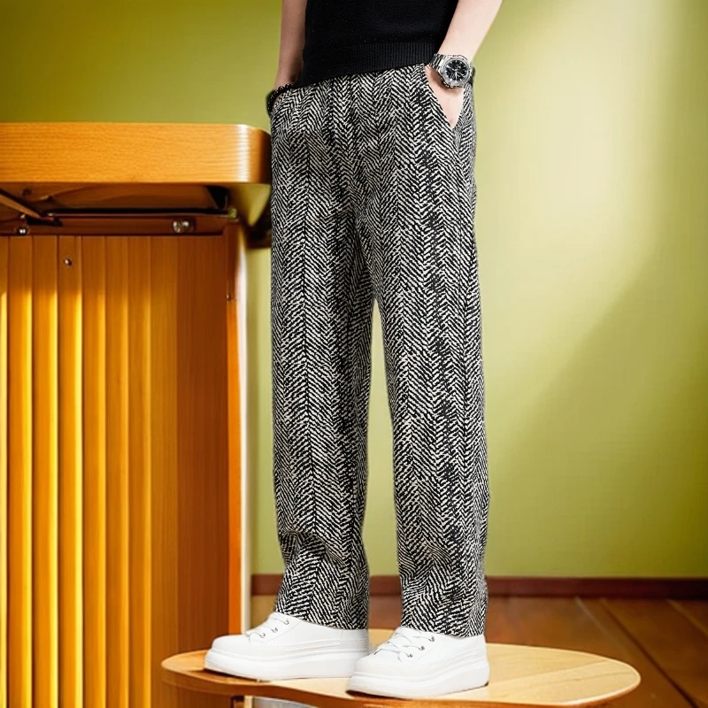 维斯克纳复古人字纹休闲裤男夏季新款潮牌宽松垂感时尚直筒裤子男