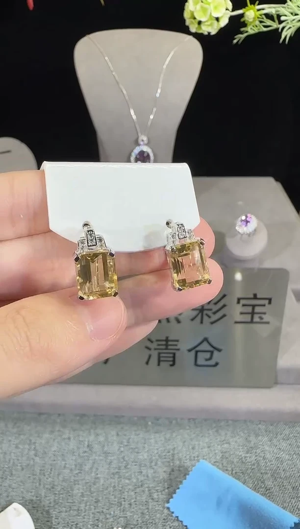 黄晶耳饰银S925镶嵌9*11mm耳扣