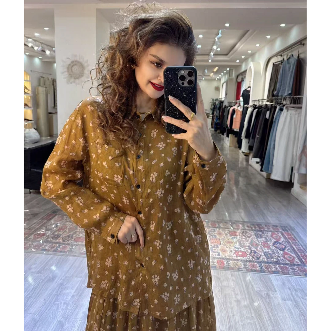 2025年自家原创设计碎花百搭时尚流行衬衫半裙女款两件套套装