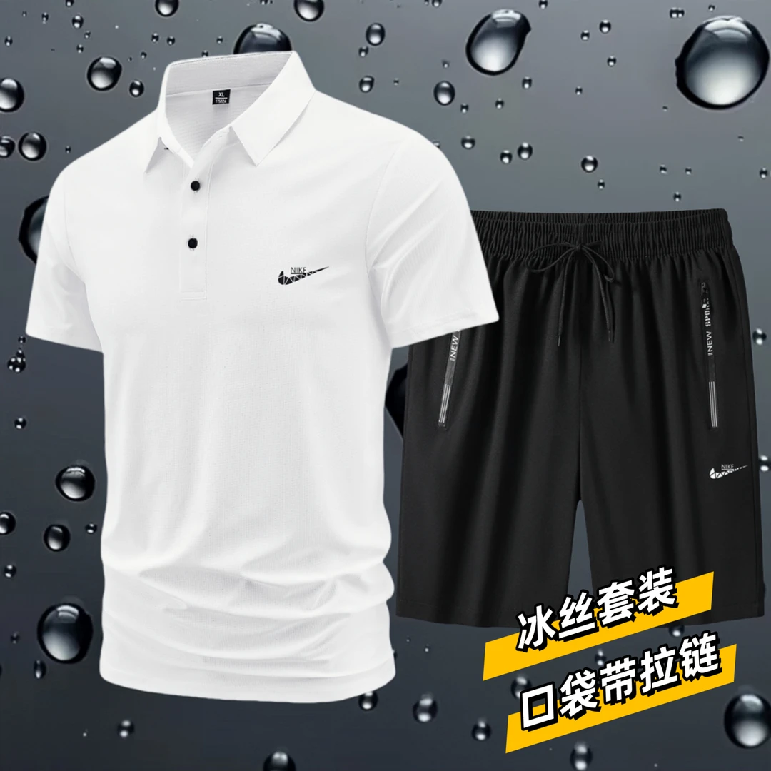 夏季男士冰丝运动套装男款韩版潮流透气翻领休闲户外跑步两件套男