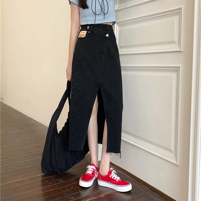 错位高腰牛仔半身裙夏季女中长款显瘦开叉性感包臀裙KX66118