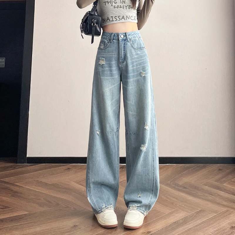破洞阔腿牛仔裤女夏季薄新款高腰百搭宽松破洞牛仔直筒裤女款爆款