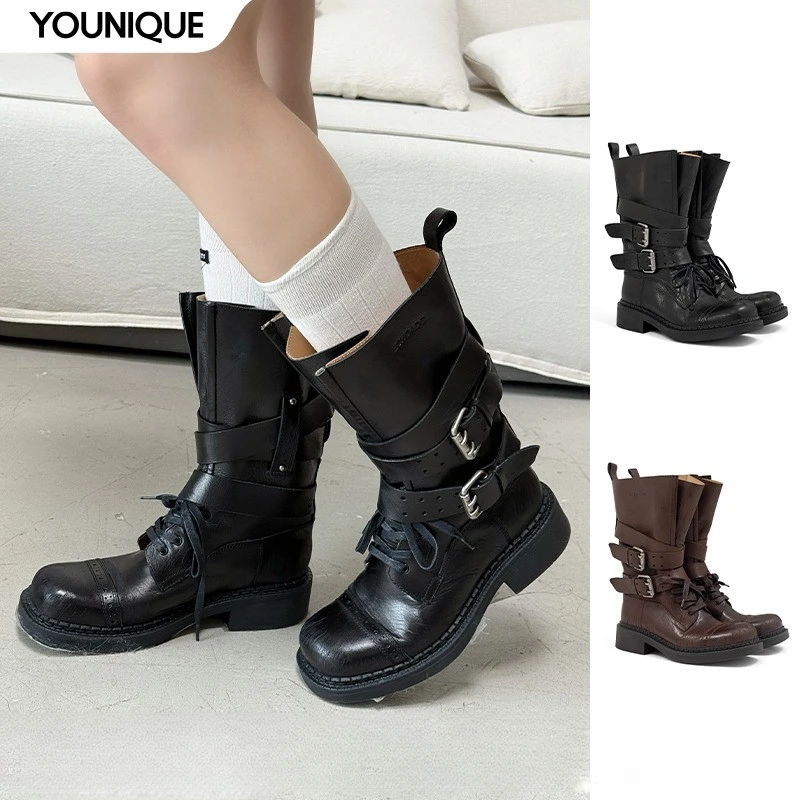 【ECHOADE】新品25春夏胎水牛皮鞋面做旧处理光泽中筒靴女