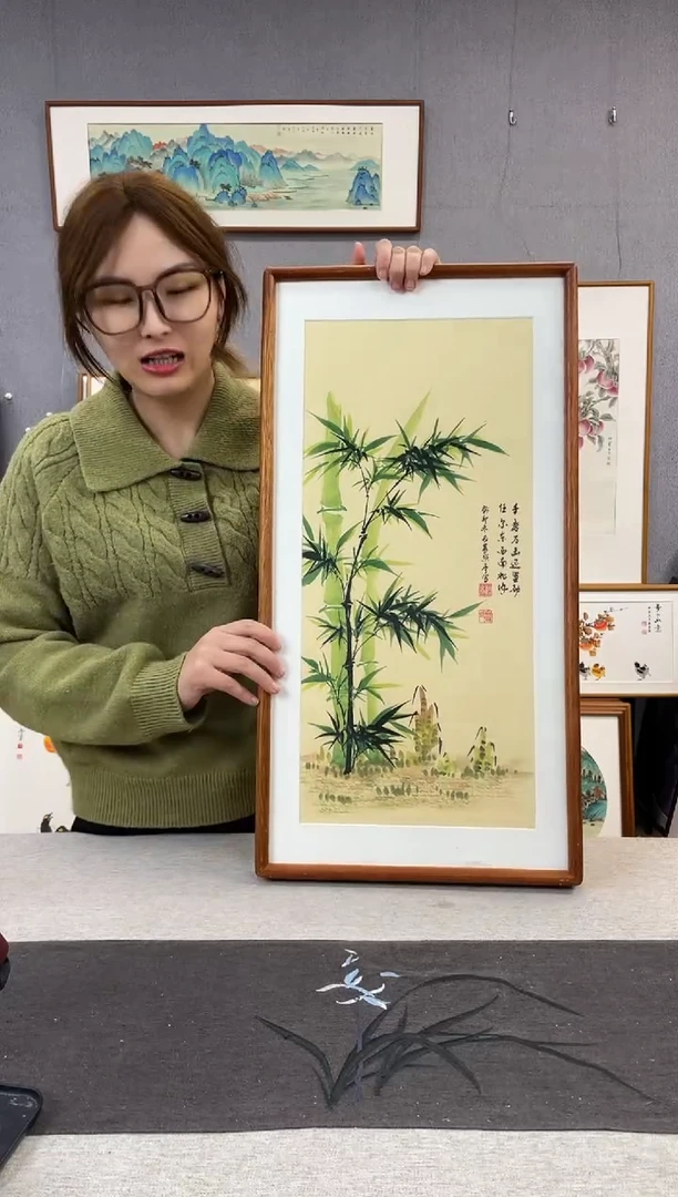 【闪购商品】国画贺照亭-纯手绘带框作品-35*68-竹子