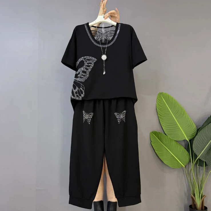 新款大码女装时尚休闲重工烫钻美背设计八分裤显瘦套装