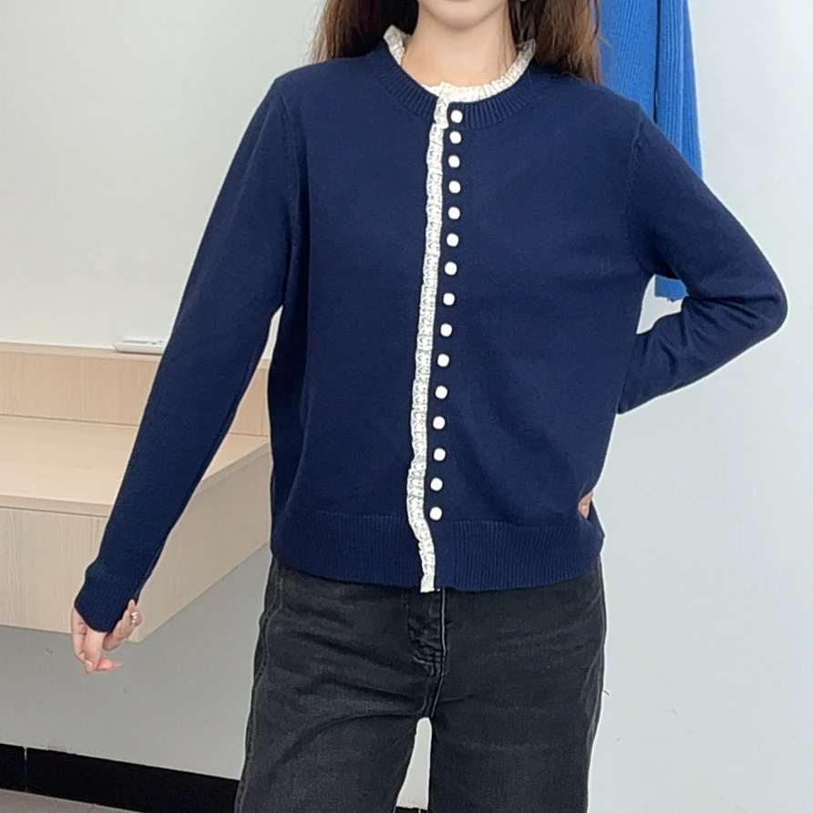 毛针织衫薄款蓝色圆领花边长袖女装小香风春秋针织