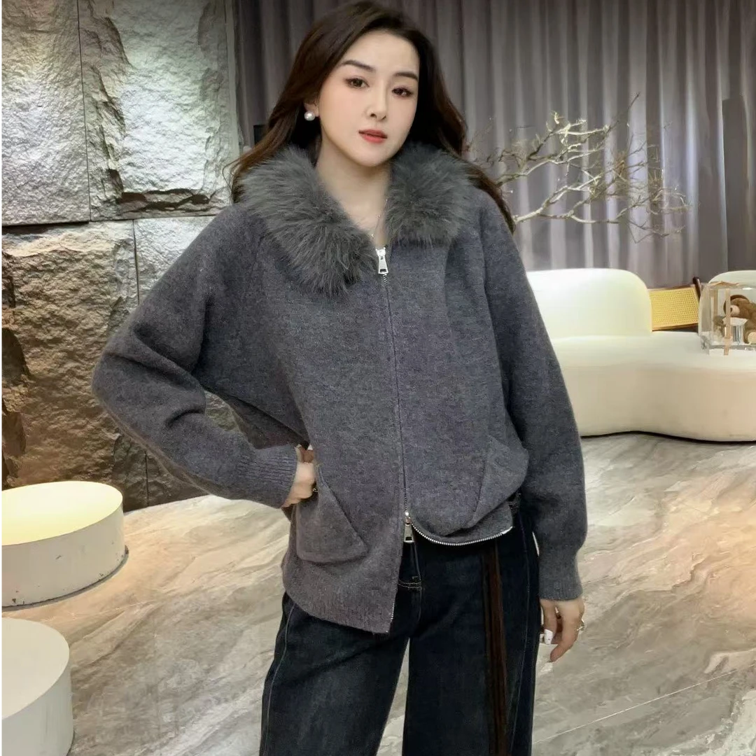 2287秋冬新款潮流大毛领连帽针织毛衣外套洋气加厚短款开衫