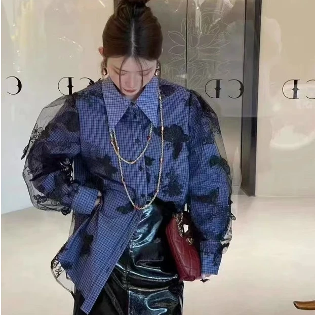 蕾丝衬衫显瘦高级百搭气质蓝色时尚格子格子秋季格纹